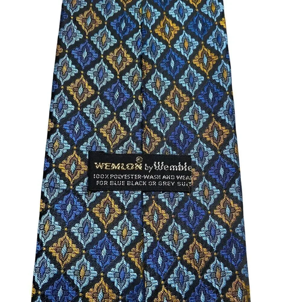 Vtg Wembley Men's Tie Necktie Wide Wemlon Polyester Blue Gold Mod Disco 70's